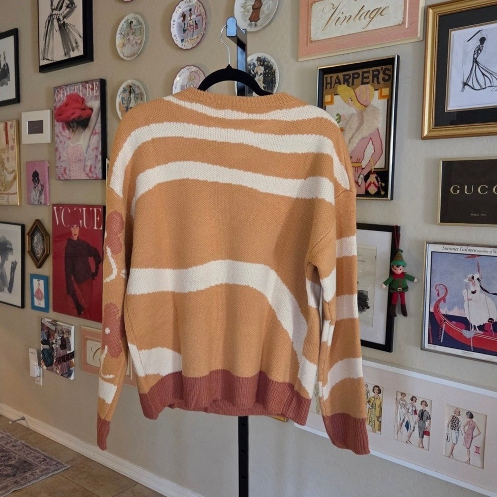Easel Striped Knit Sweater Floral Detail Ochre Cream Long Sleeve Women's NEW‎ - Picture 4 of 5